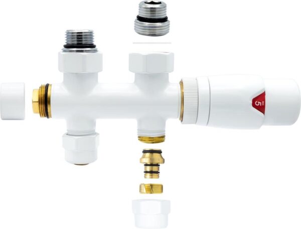 Onderblok aansluitset 1-2 - 3-4 met thermostaatknop - recht - wit M30 X 16-2 1 Detail Belrad onderblok aansluitset recht wit – M30 x 16-2