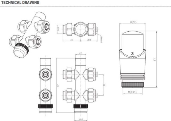 Belrad onderblok aansluitset recht wit – technische tekening met afmetingen