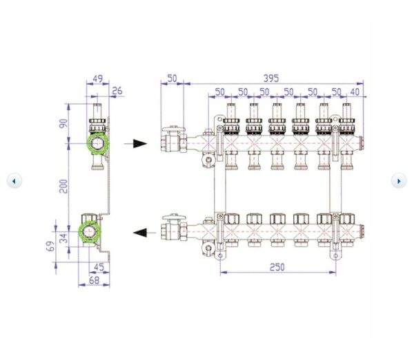 Technische tekening vloerverwarming verdeler 2–16 groepen – Radiatorconnect