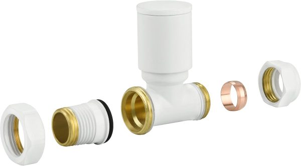 Manuele radiatorkraan 1/2" x 15 mm knel wit recht in gebruik